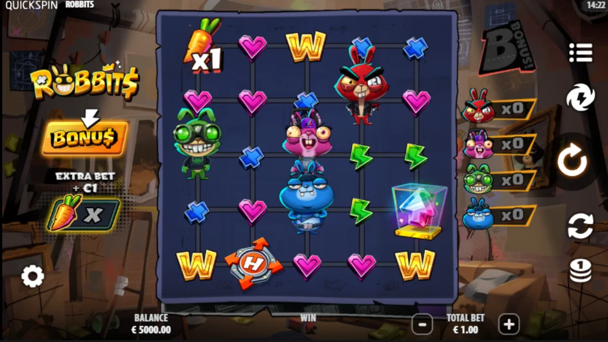 Tampilan visual slot Robbits dengan karakter kelinci kriminal dan elemen kasino.
