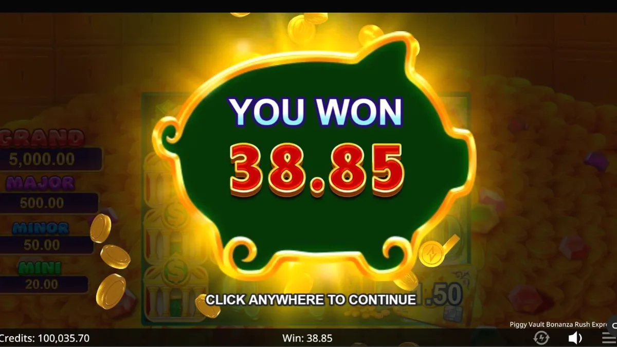 Tampilan visual mewah slot Piggy Vault Bonanza Rush Express dengan simbol emas dan brankas